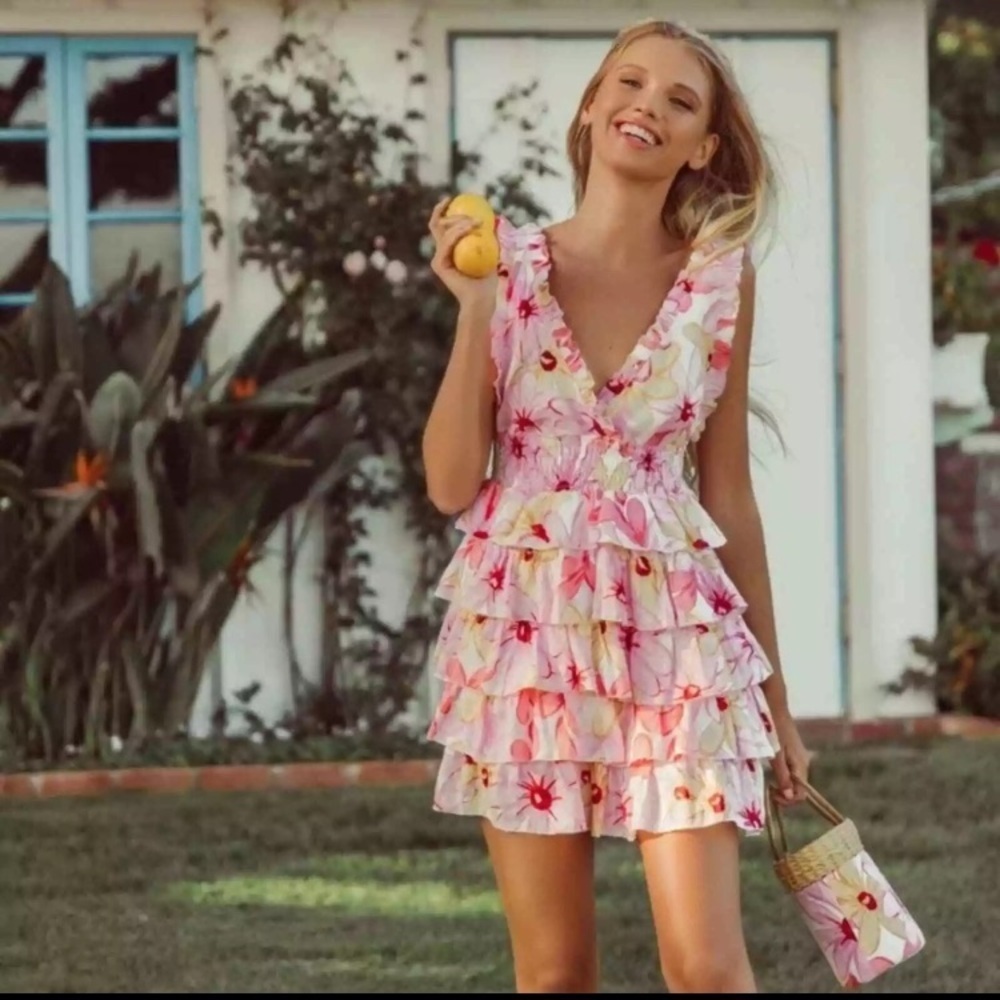 Revolve‎ x Sundress Dress Lolita Ruffle Tiered Mini in Riviera Linen Pink Floral